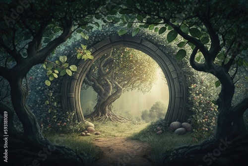 Fantasy apple trees garden with natural arch entry and sunrays  mystical door gates in a magnificent green woodland  environmental eco background with vacant copy space  and enigmatic summer nature ba