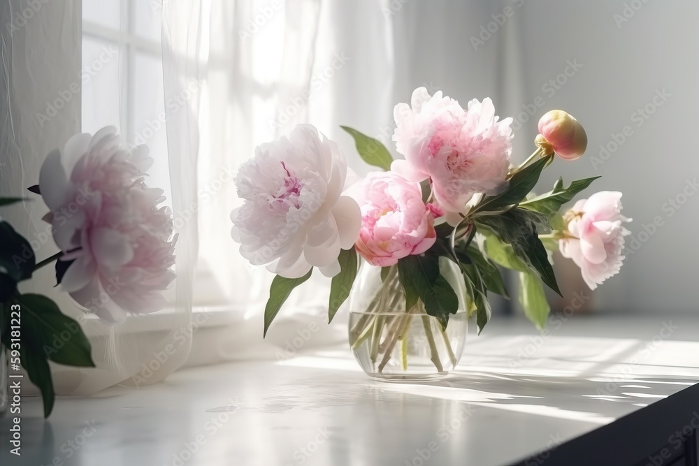 a vase of flowers sitting on a table next to a window. generative ai a vase of flowers sitting on a table next to a window. generative ai