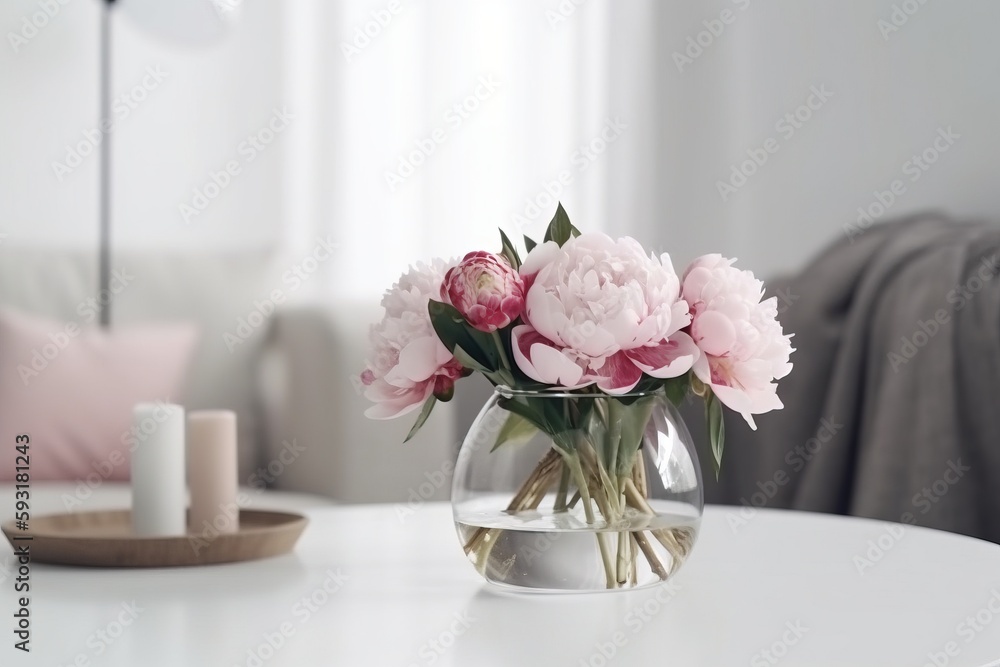 a vase of flowers on a table with a candle on it. generative ai a vase of flowers on a table with a candle on it. generative ai