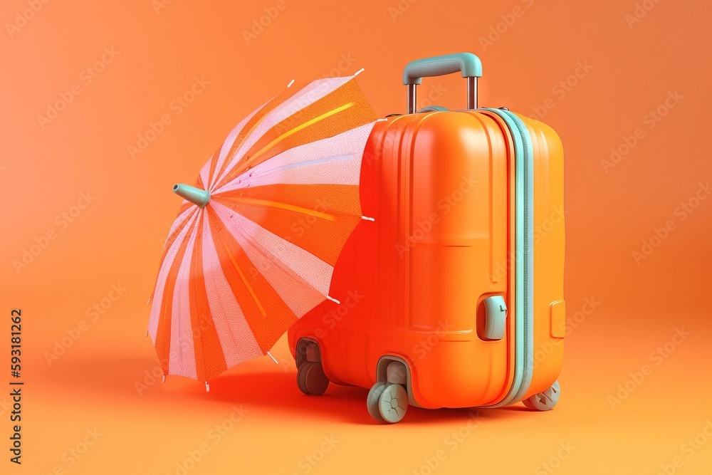  an orange suitcase with an umbrella on wheels on an orange background.  generative ai
