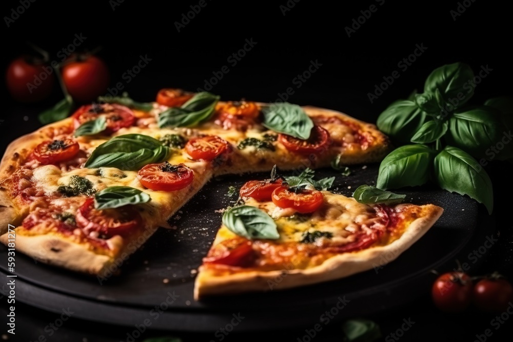 a pizza with a slice missing from it on a plate. generative ai a pizza with a slice missing from it on a plate. generative ai