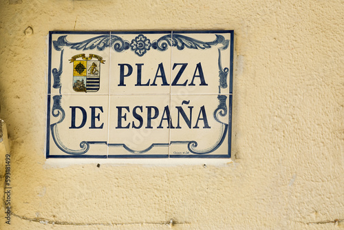 Indication on ceramic tile of the name of the square