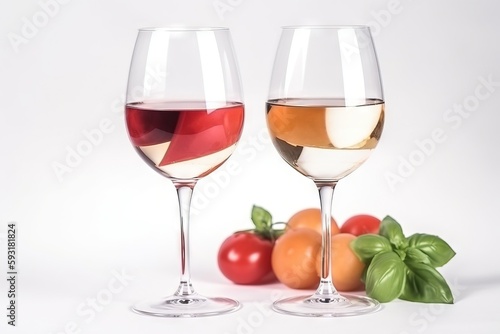  two glasses of wine with tomatoes and tomatoes in the background. generative ai