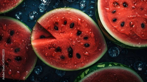 Fresh Watermelon seamless background  adorned with glistening droplets of water. Top down view. Food Advertising photography. Commercial photography. Ai generative