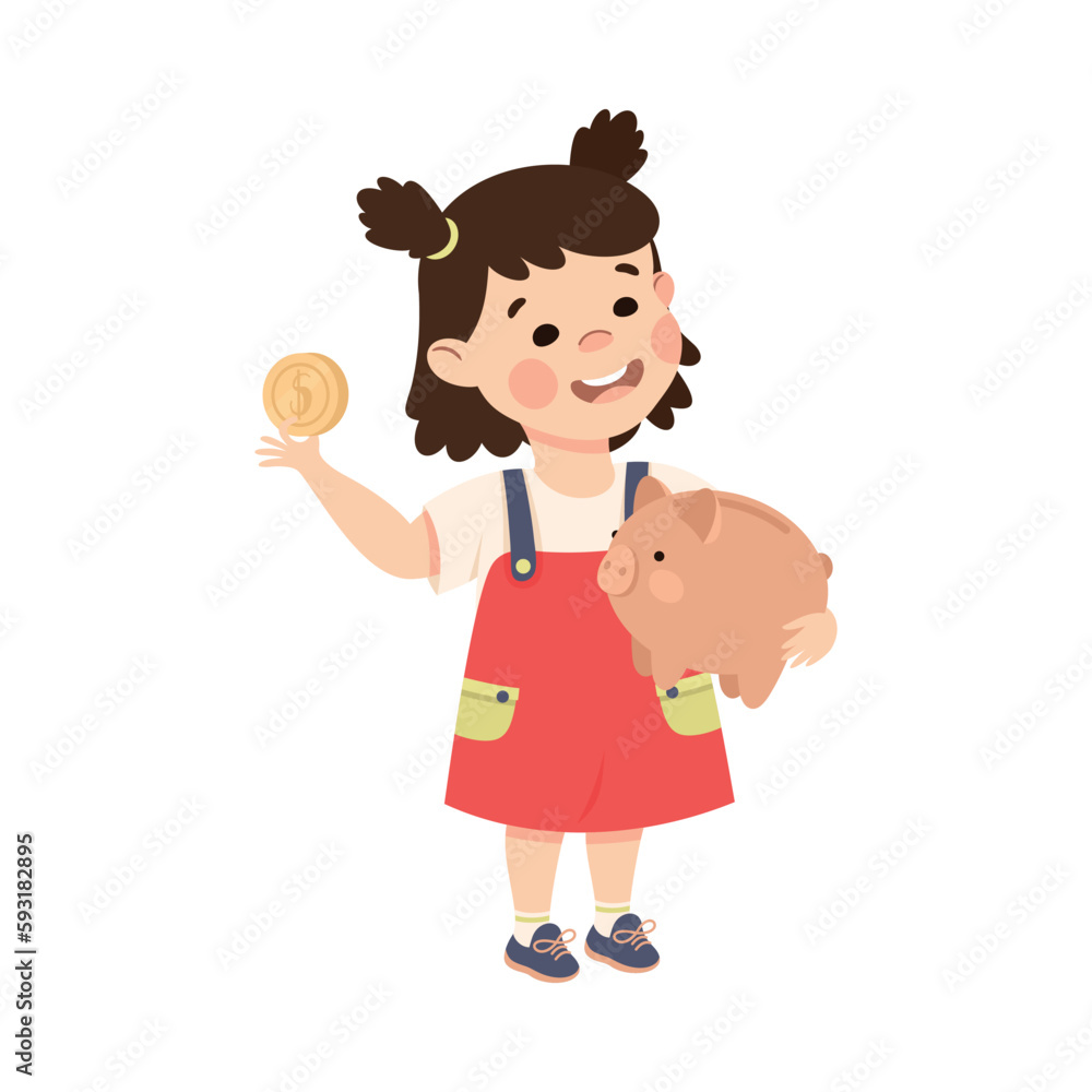 Cute smiling little girl putting coin in piggy bank. Kid learning about finance cartoon vector illustration Cute smiling little girl putting coin in piggy bank. Kid learning about finance cartoon vector illustration