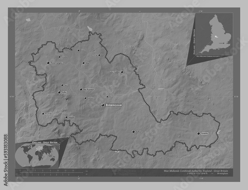 West Midlands Combined Authority, England - Great Britain. Grayscale. Labelled points of cities photo