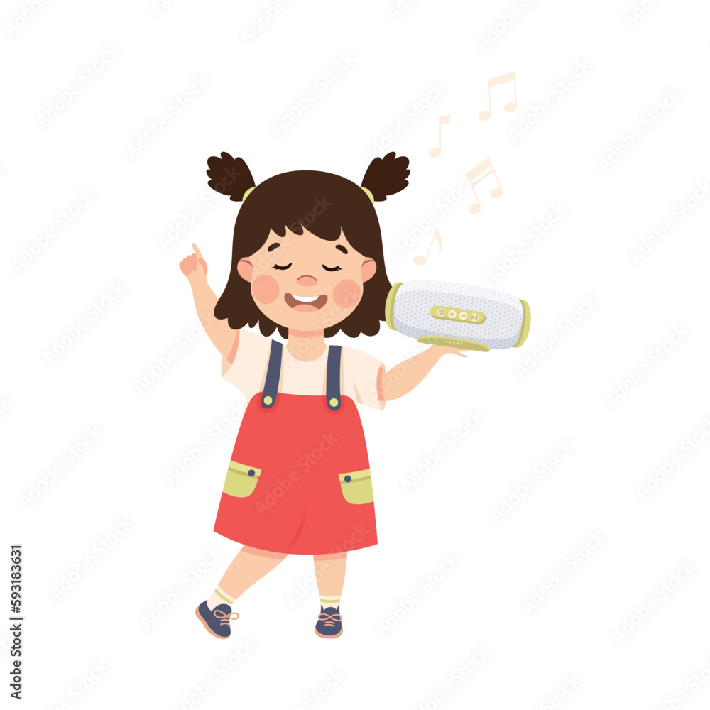 Joyful girl dancing and having fun with audio speaker cartoon vector illustration Joyful girl dancing and having fun with audio speaker cartoon vector illustration
