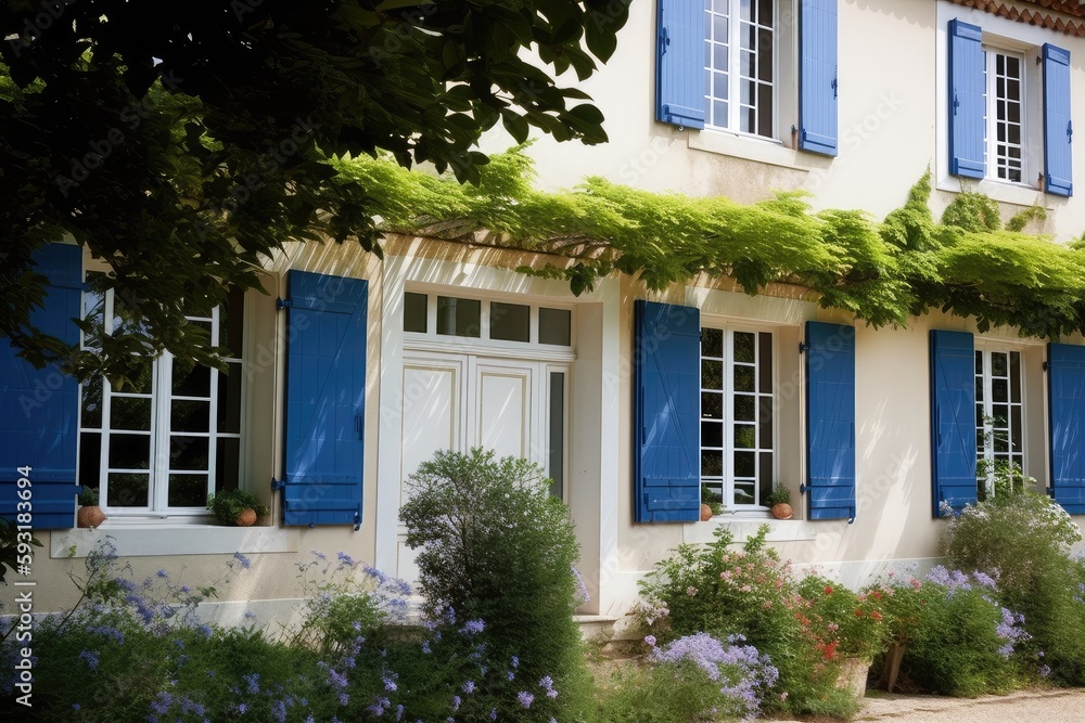 classic blue shutters and white exterior of french country house ...