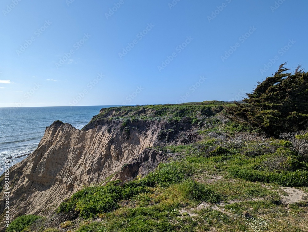 Half Moon Bay coastal cliffside landscape, California coastline, Pacific Ocean view from the cliffs of Half Moon Bay, San Francisco coastline, California cliffed abrasion coast