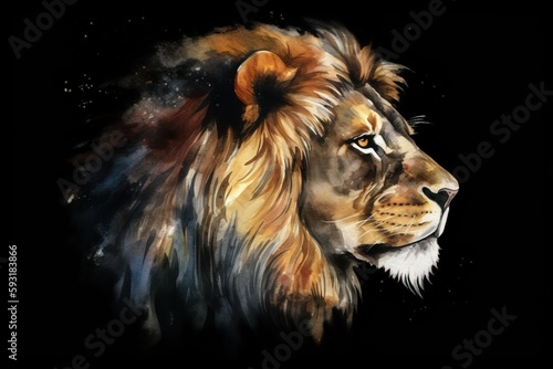  a painting of a lion on a black background with stars.  generative ai