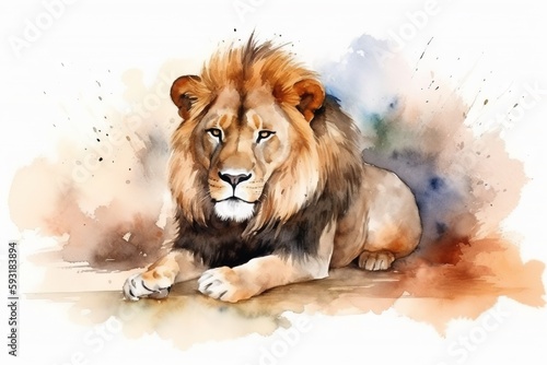  a watercolor painting of a lion laying on the ground. generative ai