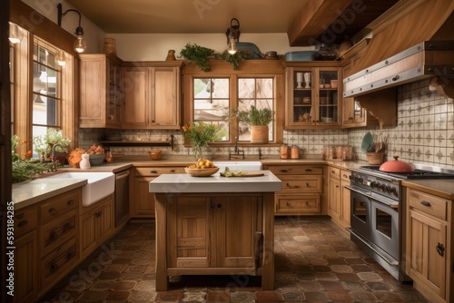 rustic and cottage-style kitchen, with cabinets in warm wood tones and vintage knobs, created with generative ai