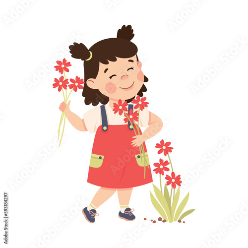 Cute happy brunette little girl picking red flowers cartoon vector illustration