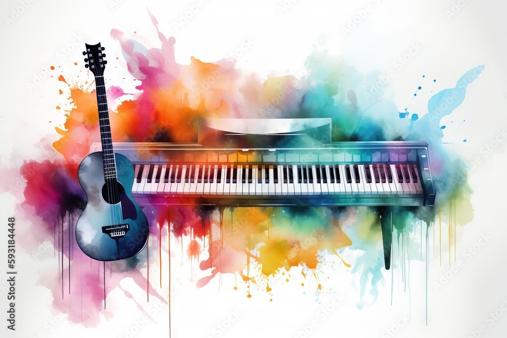  a guitar and a piano with a splash of paint on it.  generative ai