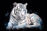  a white tiger laying down on a black background with smoke.  generative ai