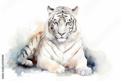  a white tiger sitting down on a white background with watercolor effect.  generative ai