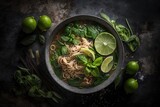 Vietnamese pho noodles in a bowl with basil, mint, and lime on a concrete background. Generative AI