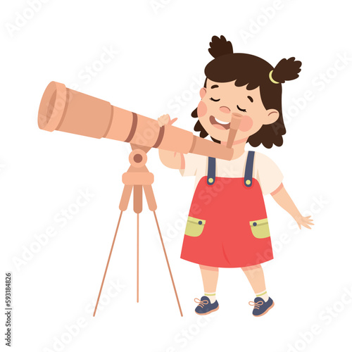 Cute happy brunette little girl looking through telescope at stars cartoon vector illustration