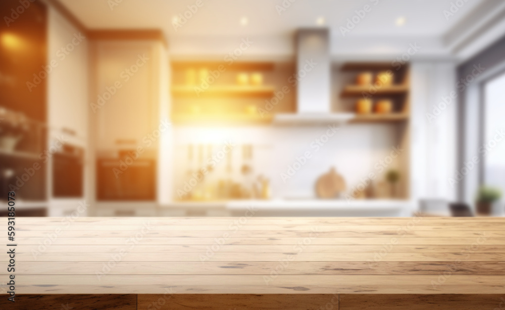 Empty beautiful wood table top counter and blur bokeh modern kitchen interior background in clean and bright,Banner, Ready for product montage Empty beautiful wood table top counter and blur bokeh modern kitchen interior background in clean and bright,Banner, Ready for product montage