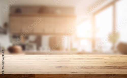 Empty beautiful wood table  top counter  and blur bokeh modern kitchen interior background in clean and bright,Banner, Ready for product montage