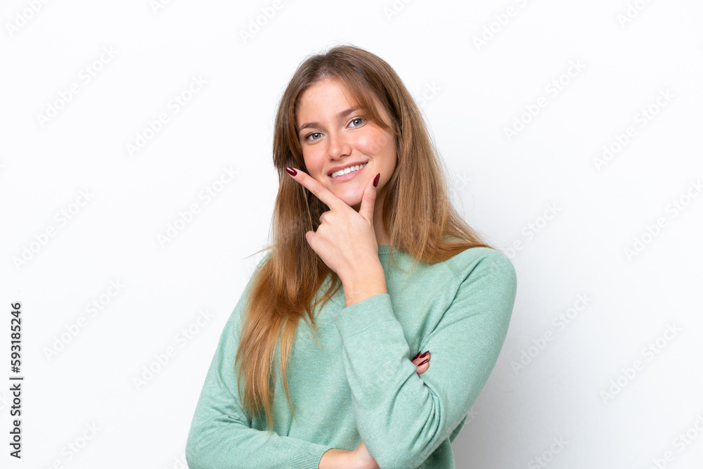 Young caucasian woman isolated on white background happy and smiling Young caucasian woman isolated on white background happy and smiling