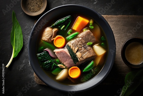 Black dish of Sinigang na Baboy, or Filipino Pork Meat Soup, against a dark slate background. Filipino food called sinigang includes beef, bamia, daikon, spinach, and fish sauce. Filipino cuisine. Asi photo