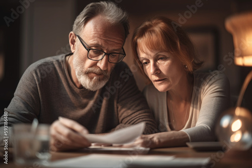 Middle aged couple looking at bills with worried looks, having financial problems, Generative ai
