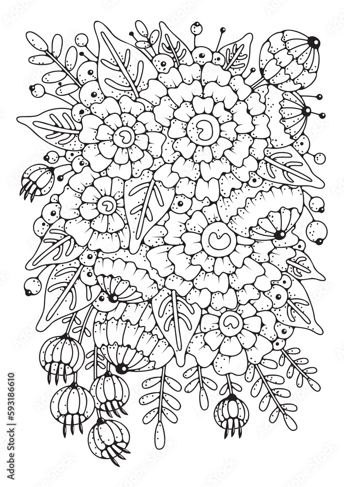 Coloring page, art therapy. Artline a bouquet of flowers for coloring. Black and white floral background. Coloring page, art therapy. Artline a bouquet of flowers for coloring. Black and white floral background.