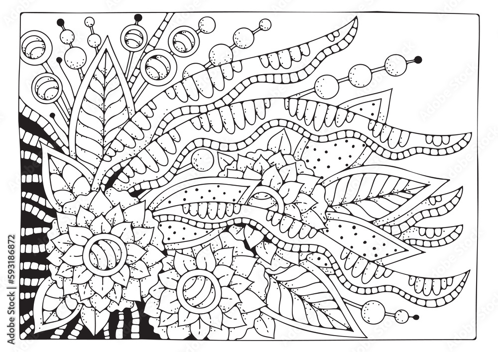 Coloring page with large round flowers. Art therapy. Black and white background for coloring. Art line.