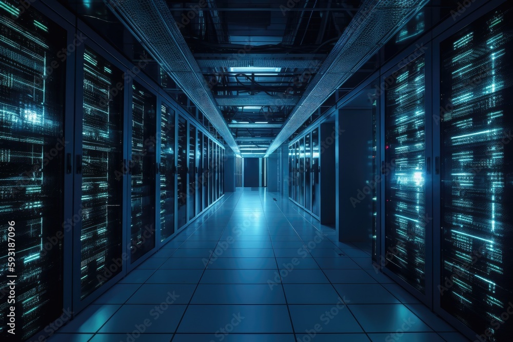 Dark huge data server room with dazzling blue equipment. Generative AI Dark huge data server room with dazzling blue equipment. Generative AI