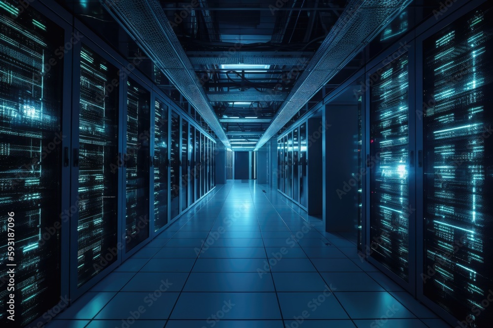 Dark huge data server room with dazzling blue equipment. Generative AI