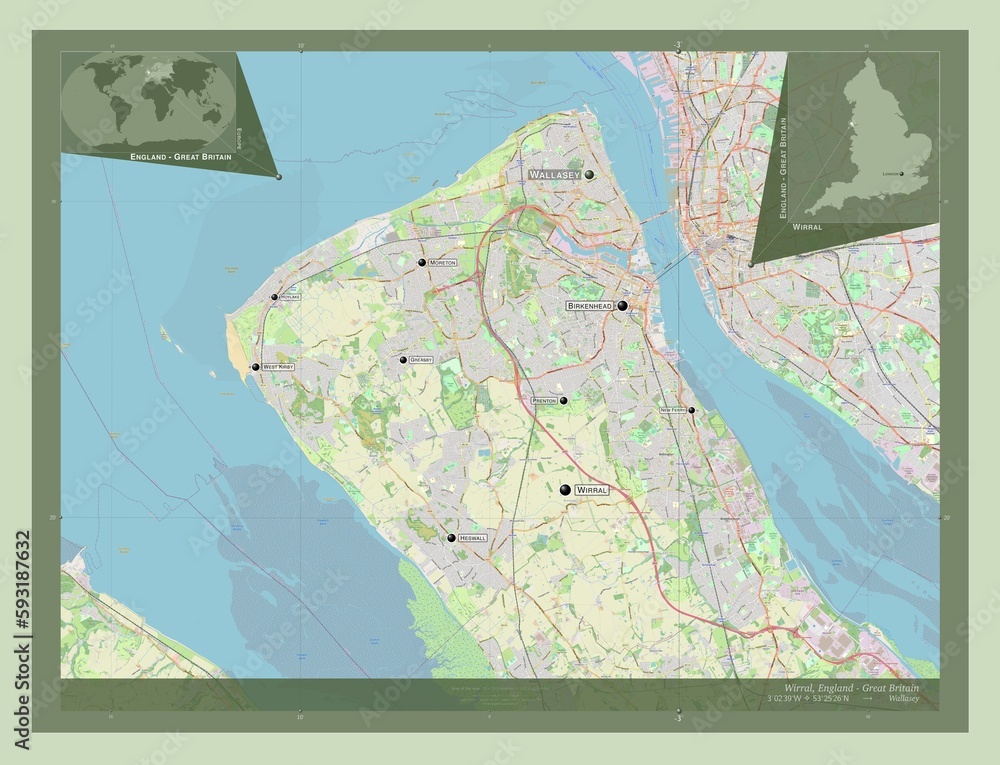 Wirral, England - Great Britain. OSM. Labelled points of cities