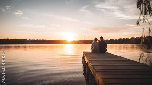 Fotografia A couple watching the sun set on a dock by a calm lake