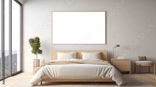AI generated image of a simple bedroom interior design with a mockup frame.  © CreativeHymms