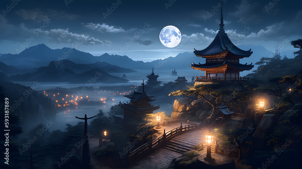 Obraz premium Ancient japanse shrine or temple on top of a mountain lit by lanterns and the moonlight