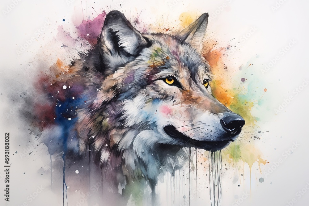 a painting of a wolf's head with colorful paint splatters. generative ai a painting of a wolf's head with colorful paint splatters. generative ai