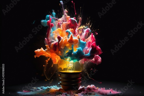  a light bulb with colored paint splashing out of it.  generative ai
