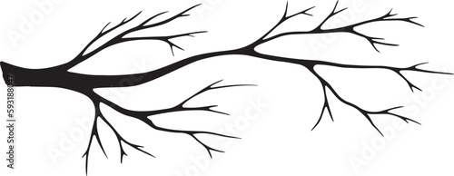 Black and white, isolated, graphic, illustration of the silhouette of a dry tree branch without leaves. Drawn by hand. For decoration and design.