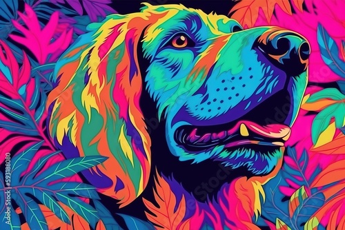  a dog with a colorful background of leaves and flowers on it s face.  generative ai