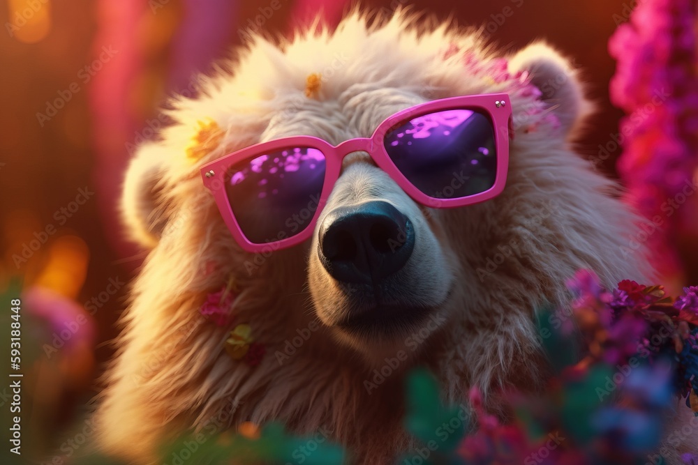  a close up of a teddy bear wearing pink sunglasses with flowers in the background.  generative ai