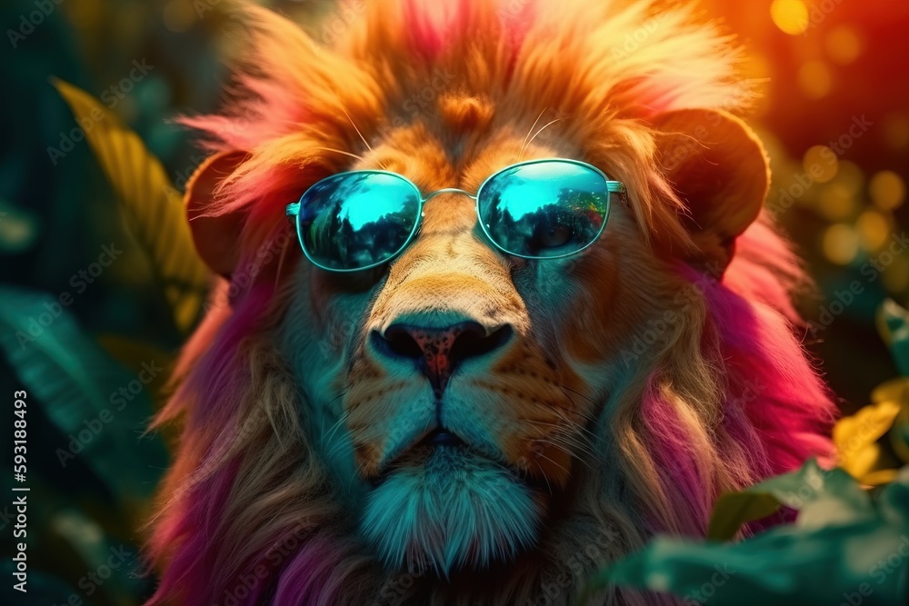  a lion with sunglasses on its face and a pink mane.  generative ai