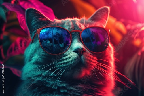  a cat wearing sunglasses with a red and blue light behind it.  generative ai © Nadia