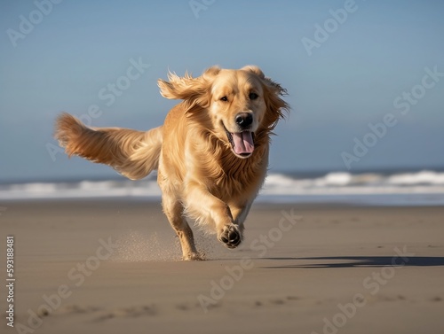 Golden Retriever on a Playful Beach Run © Anton