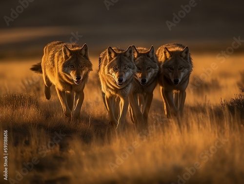 A pack of wild wolves on the hunt  side view