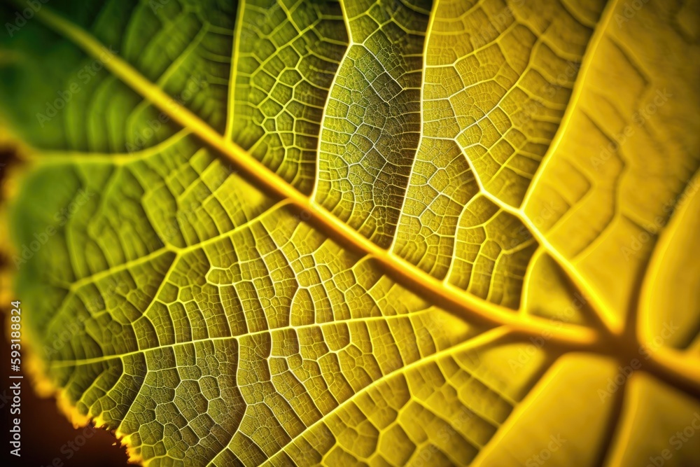 Obraz premium Yellow leaf macro shot of the vibrant fall foliage. Close up of a golden yellow leaf texture. Macroscopic photography. Generative AI