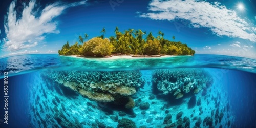 Stunning natural scenery background sea of tropical blue sun. luxury vacation spot coral reef surrounding an island atoll. newfound freedom Day of adventure. Snorkeling. Coconut heaven. Generative AI