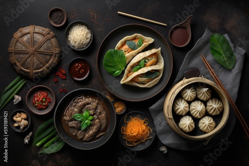 Asian assorted food set, dark rustic stone background. Chinese dishes. Chinese stir fry noodles, asian rice with meat, dim sum, snacks, steamed Chinese buns. Space for text. Top view. Asian style