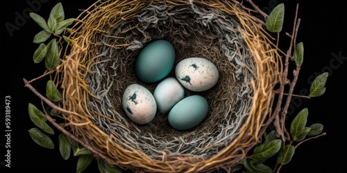 solitary eggs in a nest. a top view. Generative AI