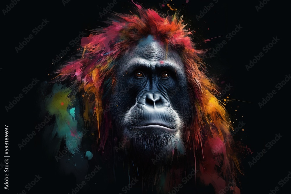  a monkey with colorful hair on its head and a black background.  generative ai
