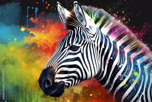  a zebra is standing in front of a multicolored background.  generative ai